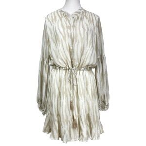 ANTHROPOLOGIE AAKAA OFF WHITE TAN DRAWSTRING WAISTTASSELED MINI BOHO DRESS - M